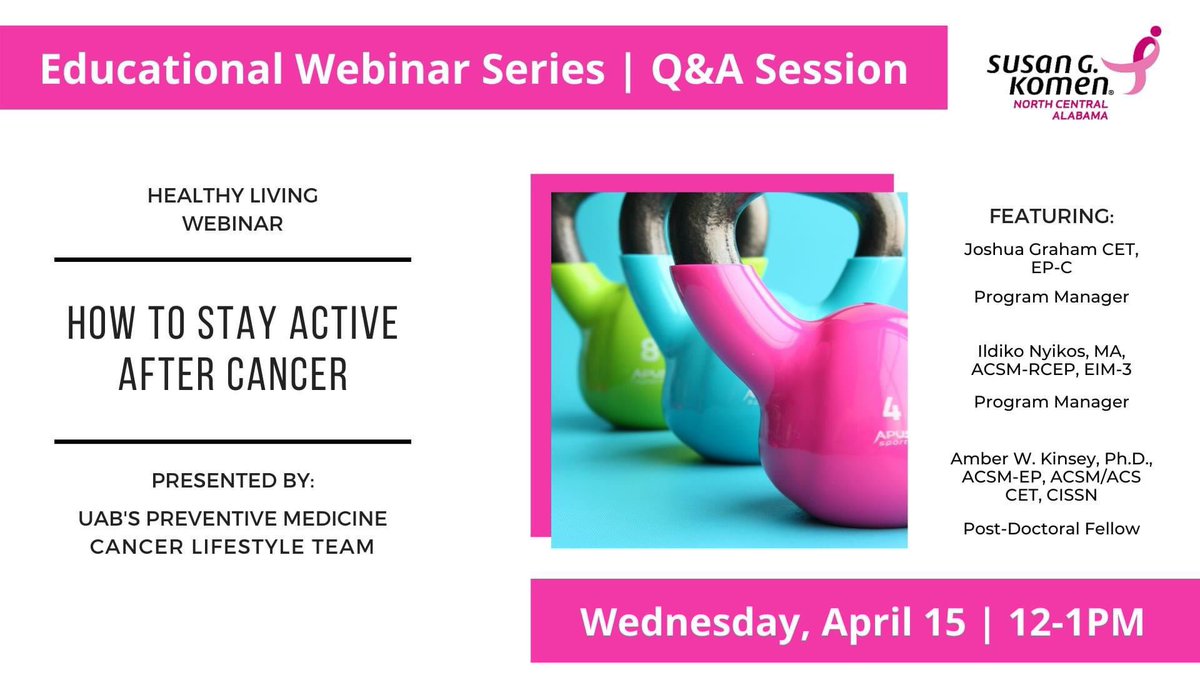 KomenNCAlabama's tweet photo. Learn how to safely stay #active as a #breastcancer #survivor &amp; how to make modifications as we continue to #stayhome &amp; practice #socialdistancing during the #COVID19 pandemic. Head to our Facebook page to register for this #free webinar. 💕💻 https://t.co/EYSWvN3o25