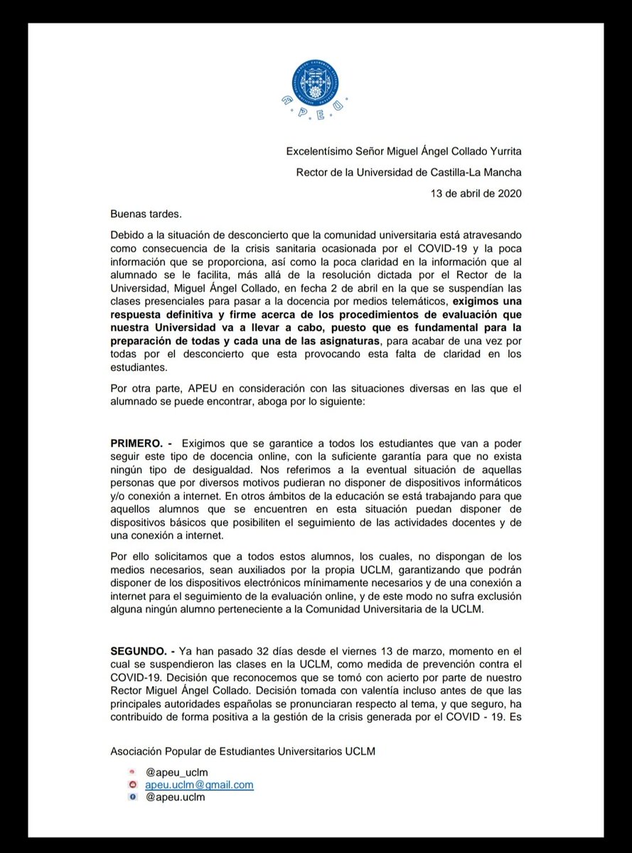 APEU_UCLM's tweet photo. En la tarde de hoy,APEU se ha puesto en contacto con el rector de nuestra UCLM con el firme propósito de obtener una respuesta clara con respecto a la terminación actual del curso y su consiguiente evaluación,así como una igualdad de oportunidades para todos los estudiantes UCLM. https://t.co/Qd2rATpnxq