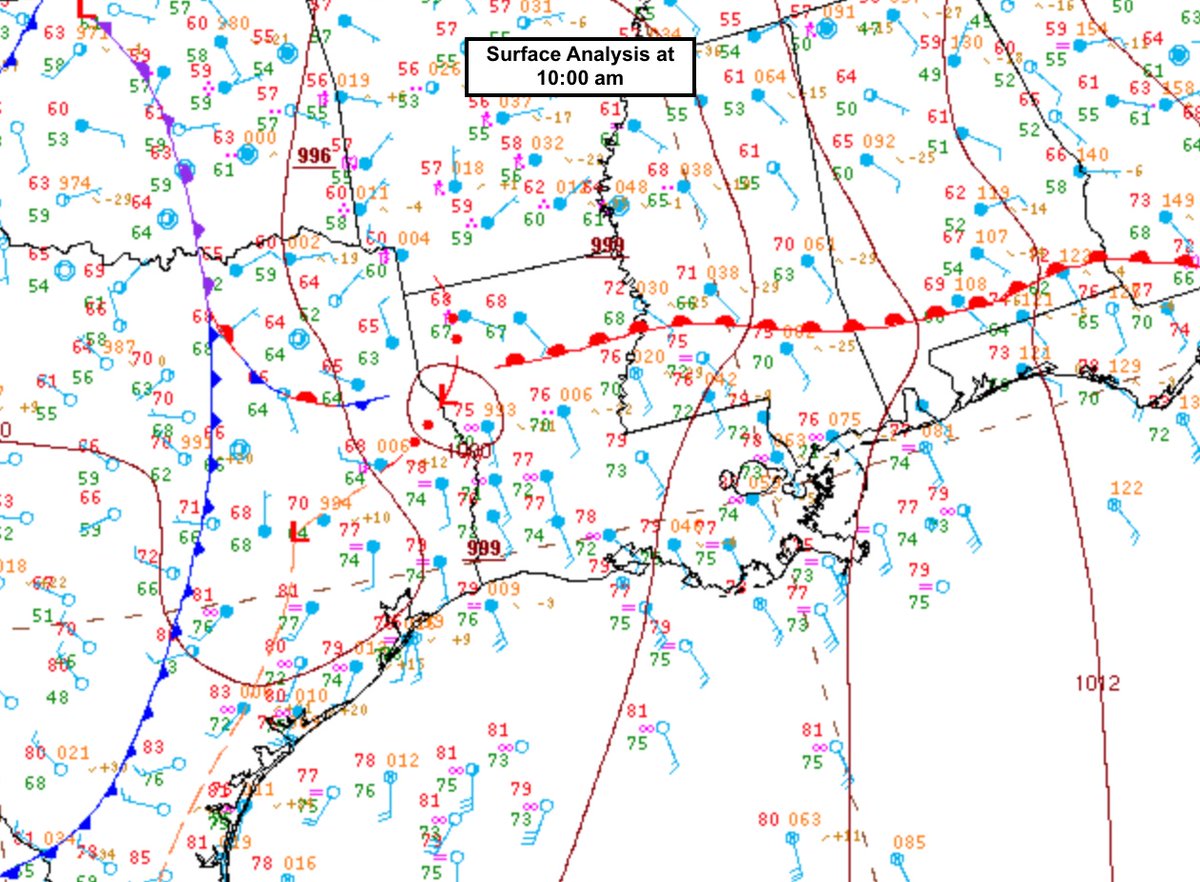 The MCS appeared to interact with a warm front that was surging northward during the event. Here’s the NOAA surface analysis at 7am, 10am, and 1pm. This is important, because any part of the MCS that was north of the front was probably elevated. (5/n)