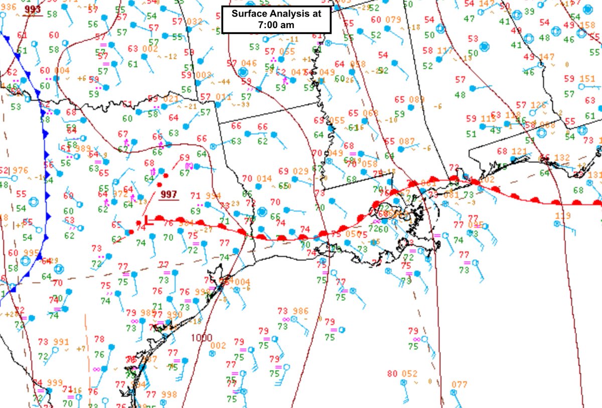 The MCS appeared to interact with a warm front that was surging northward during the event. Here’s the NOAA surface analysis at 7am, 10am, and 1pm. This is important, because any part of the MCS that was north of the front was probably elevated. (5/n)