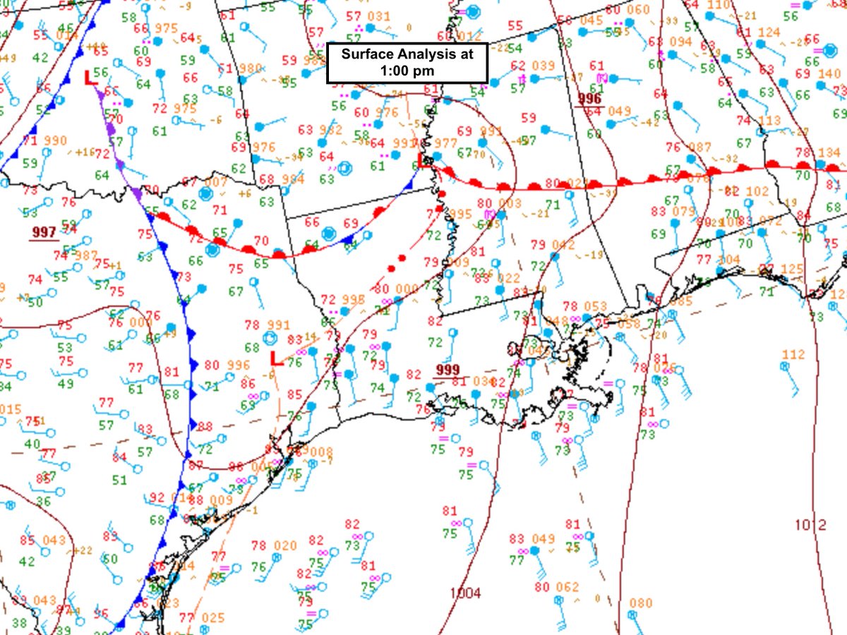The MCS appeared to interact with a warm front that was surging northward during the event. Here’s the NOAA surface analysis at 7am, 10am, and 1pm. This is important, because any part of the MCS that was north of the front was probably elevated. (5/n)