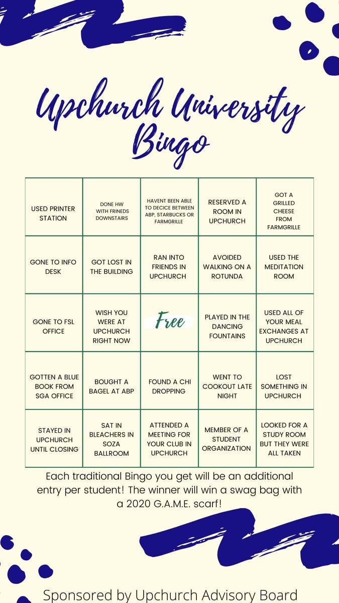 ☀️Complete this Bingo sheet ( &amp; tag us on Instagram <a href="/UpchurchUC/">Upchurch University Center</a> ) for a chance to win a swag bag and a 2020 G.A.M.E. scarf! Entries will be accepted until Friday! ☀️
