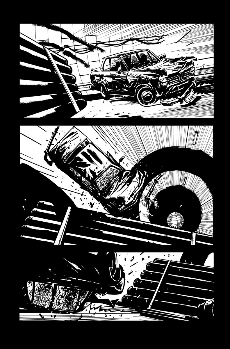 Really tried to get the visual of a car wreck right here. Little details like glass & bits help sell the impact. One continuous action broken down into three panels....