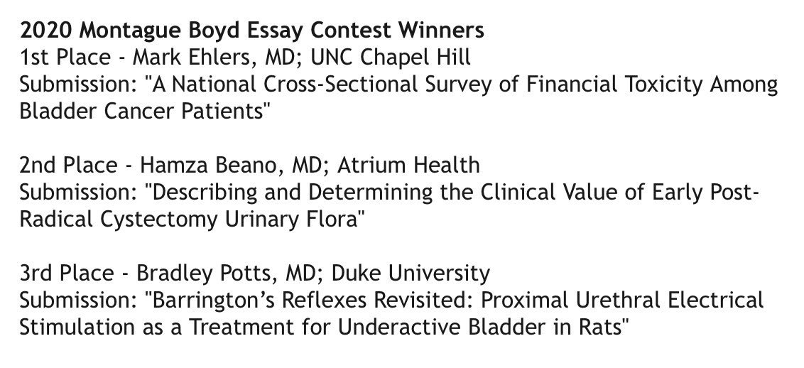 Urology@UNC (@uncurology) on Twitter photo Despite <a href="/SES_AUA/">Southeastern Section</a> #sesau20 #covid19 cancellation, have to celebrate <a href="/NCUrological/">North Carolina Urological Association</a> ๐ฅ๐ฅ๐ฅsweep of the Montague Boyd Essay Contest!
Huge congrats to <a href="/UNCurology/">Urology@UNC</a> PGY3 <a href="/MarkEhlersMD/">Mark Ehlers</a> & also to <a href="/DukeUrology/">Duke Urology</a> & <a href="/CmcUrology/">CMC UROLOGY</a> for their winning submissions! ๐๐ฅ๐
๐๐๐ Despite <a href="/SES_AUA/">Southeastern Section</a> #sesau20 #covid19 cancellation, have to celebrate <a href="/NCUrological/">North Carolina Urological Association</a> ๐ฅ๐ฅ๐ฅsweep of the Montague Boyd Essay Contest!
Huge congrats to <a href="/UNCurology/">Urology@UNC</a> PGY3 <a href="/MarkEhlersMD/">Mark Ehlers</a> & also to <a href="/DukeUrology/">Duke Urology</a> & <a href="/CmcUrology/">CMC UROLOGY</a> for their winning submissions! ๐๐ฅ๐
๐๐๐