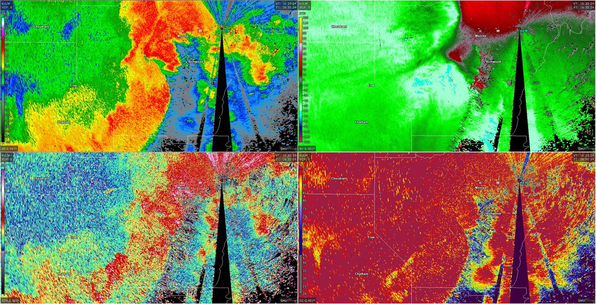 This process stands out a little better on the radar images from 11:30-11:33am. By 11:33am we have a clear circulation, though no debris signature. That finally forms 2-min later. (10/n)