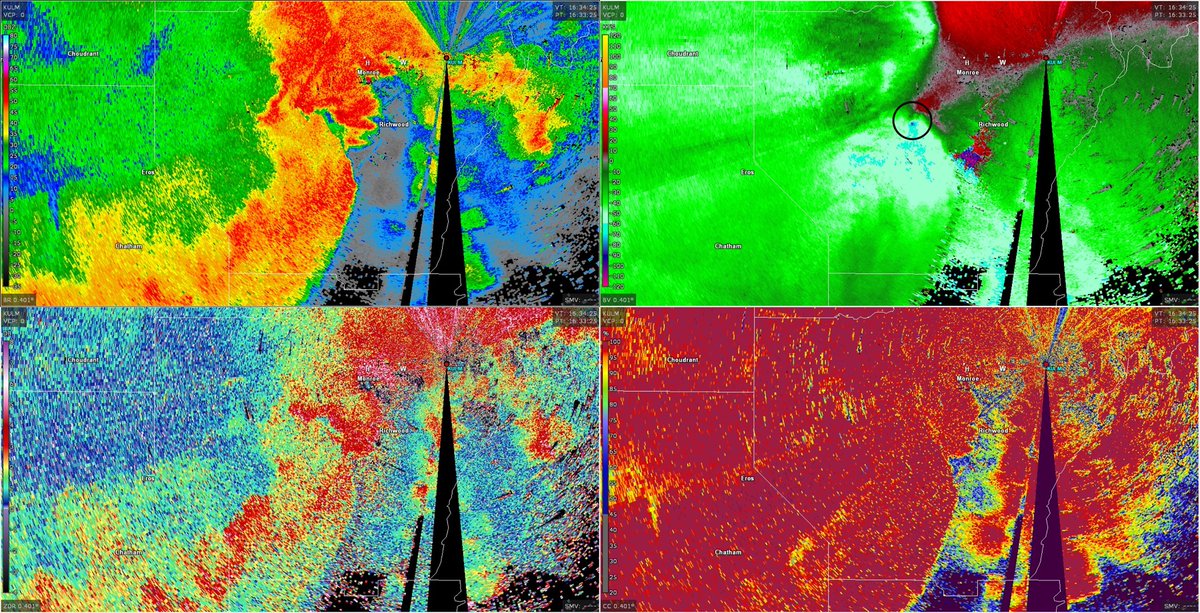 This process stands out a little better on the radar images from 11:30-11:33am. By 11:33am we have a clear circulation, though no debris signature. That finally forms 2-min later. (10/n)