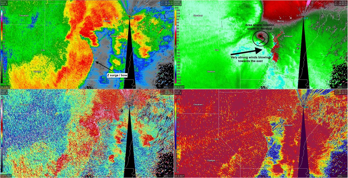 This process stands out a little better on the radar images from 11:30-11:33am. By 11:33am we have a clear circulation, though no debris signature. That finally forms 2-min later. (10/n)