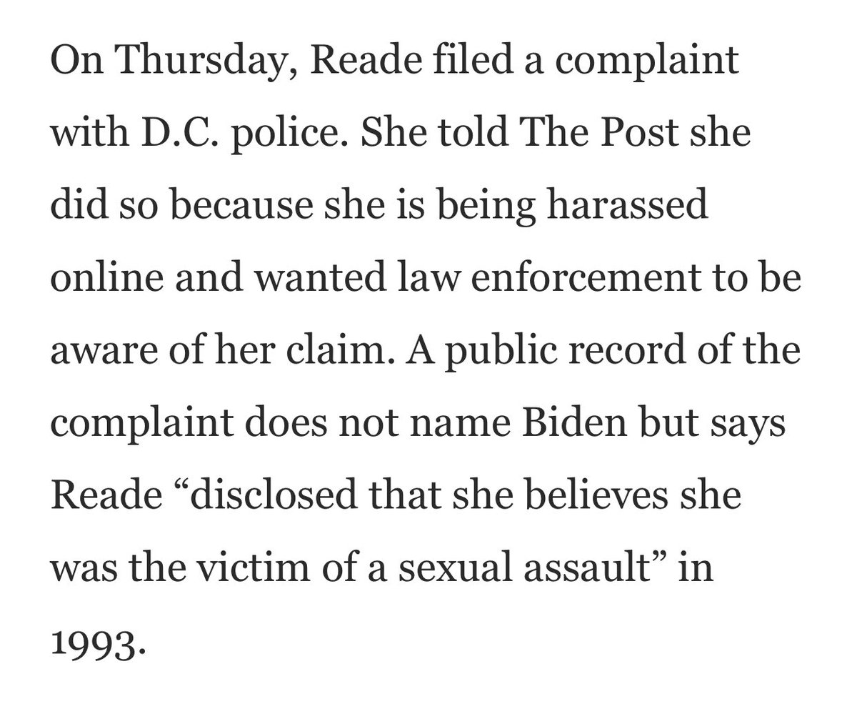 1/ The  @washingtonpost piece about Tara Reade, quotes the complaint she filed Thursday with DC police and says  Reade “disclosed that she believes she was the victim of sexual assault”