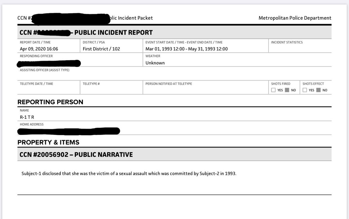 2/ But the complaint I reported from last Friday, when I broke the story in  @businessinsider, states that Reade “disclosed that she was the victim of a sexual assault” in 1993.Why the addition of the two words “she believes”? See the report, below, redacted for privacy.