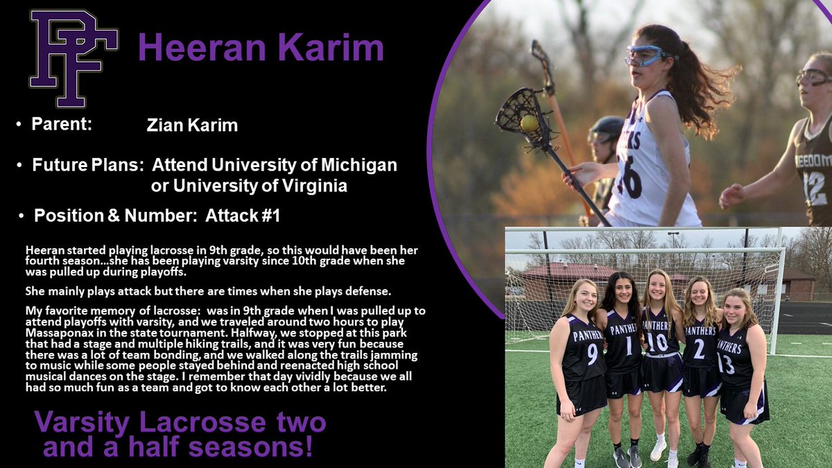 On day 7 of Virtual Senior Night, we honor another lacrosse player, one of two today.  Good luck in the future Heeran!