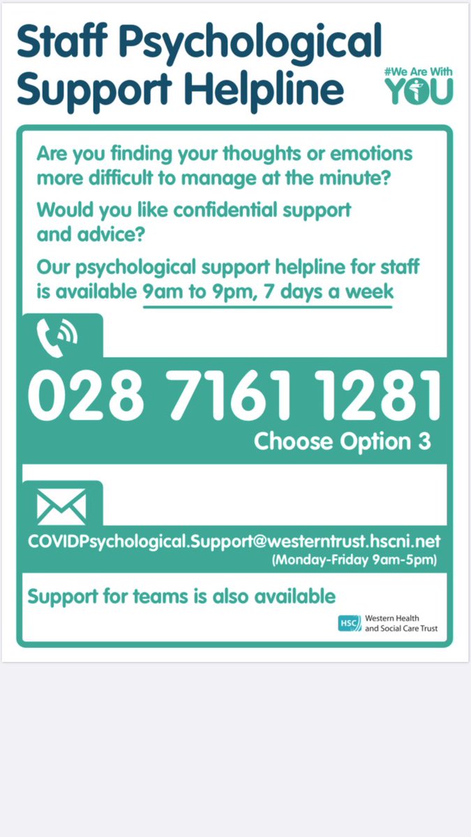 A reminder to all <a href="/WesternHSCTrust/">Western Trust</a> staff that there is a psychological support helpline available as per the poster below. Please don’t hesitate to get in touch.  <a href="/dooherm1/">Mary Dooher</a>