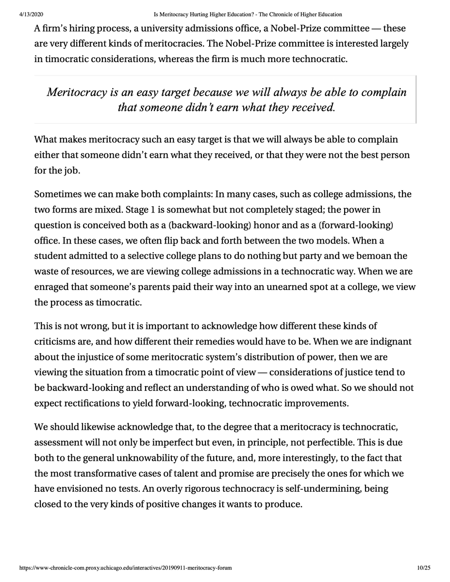 AgnesCallard's tweet photo. Many have objected to this tweet. Can't respond to everyone (sorry, normally I try to)--but maybe you're interested in my views on meritocracy?
I think most debates on it are confused due to ambiguity in how "merit" is used; see below, originally in Chronicle for Higher Ed. https://t.co/nfNNj1JXG4