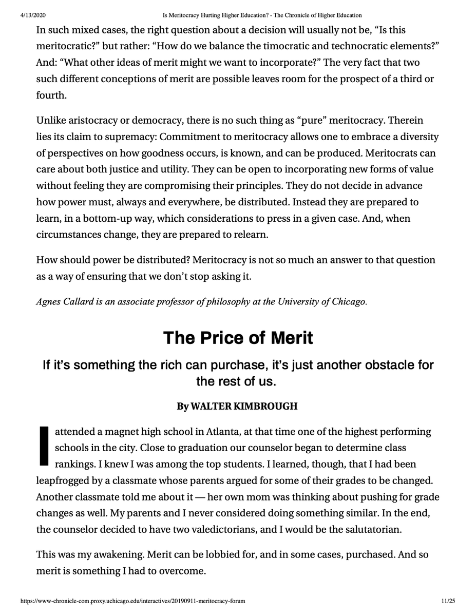 AgnesCallard's tweet photo. Many have objected to this tweet. Can't respond to everyone (sorry, normally I try to)--but maybe you're interested in my views on meritocracy?
I think most debates on it are confused due to ambiguity in how "merit" is used; see below, originally in Chronicle for Higher Ed. https://t.co/nfNNj1JXG4