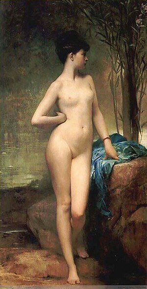 This is ‘Chloé’ by Jules Joseph Lefebvre. The model was called Marie, not Chloé and she was 19 years old when she posed for Lefebvre. The painting was initially a huge success and exhibited in the Paris Salon. Lefebvre won the Gold Medal of Honour in 1875.