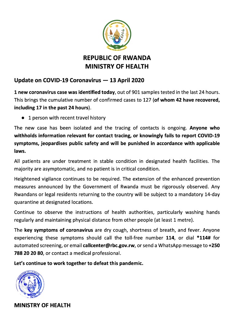 RwandaHealth's tweet photo. 13.04.2020
Amakuru Mashya kuri Koronavirusi COVID-19 / Update on COVID-19 Coronavirus / Mise à Jour sur le Coronavirus COVID-19 https://t.co/HziXeQcpXU