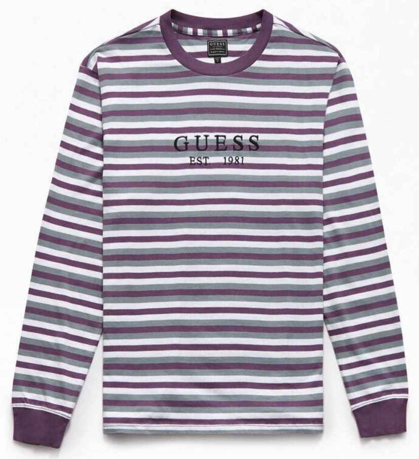 this outfit would go OFFguess shirt:  https://www.pacsun.com/guess/est.-logo-striped-long-sleeve-t-shirt-0103513380018.htmlpants:  https://www.pacsun.com/pacsun/kingston-purple-slim-fit-taper-jeans-0132436750180.html
