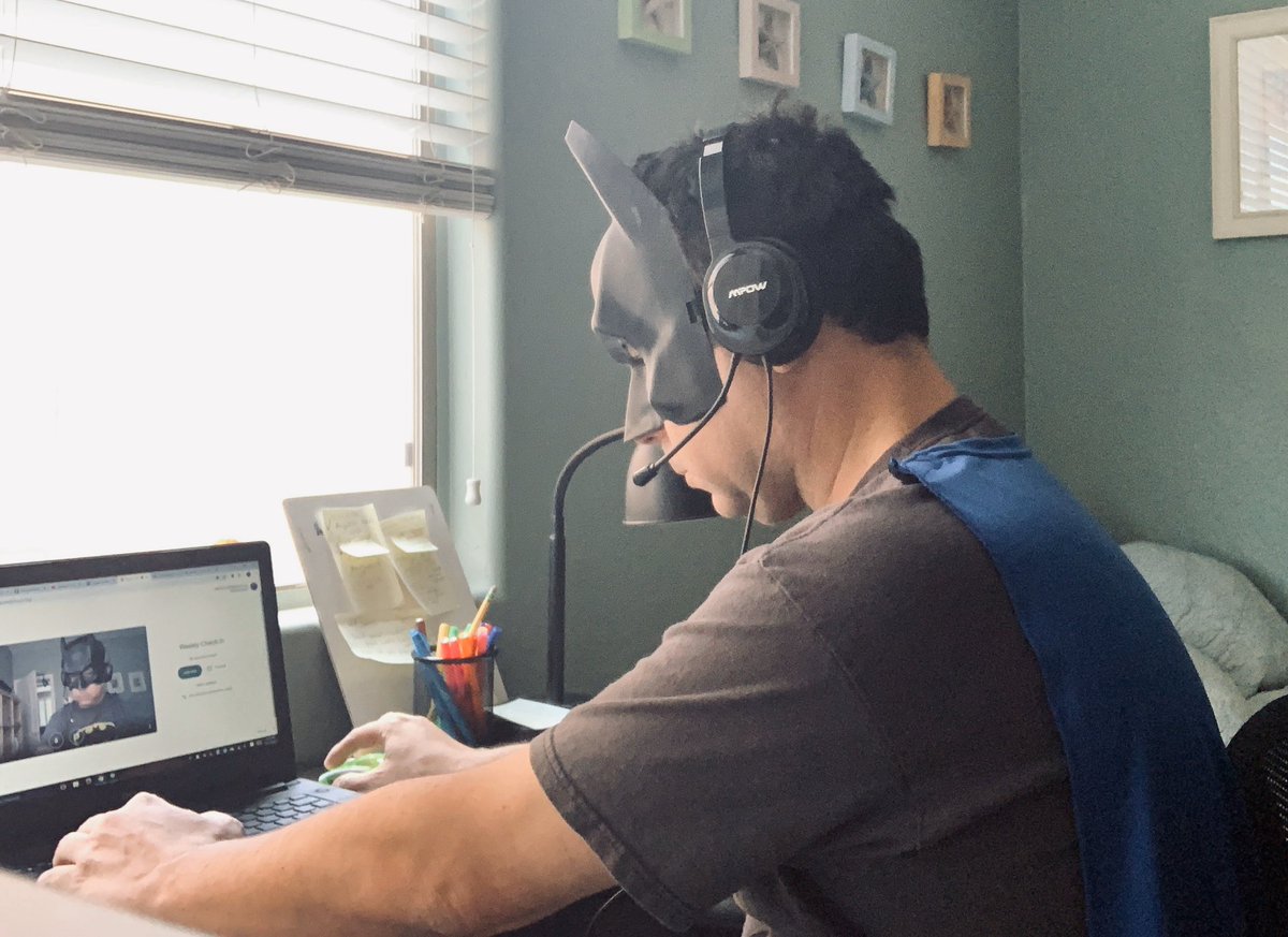 STEMJeff's tweet photo. Just finished a @GoogleHangout video meeting with my students. I think I’ll be someone different each session... #OnlineTeaching #TeacherDressCode https://t.co/rZAUu2Uay0