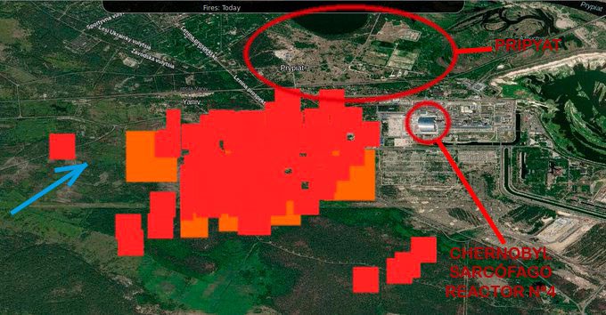 DÍA 13 DE ABRILLos focos del incendio se acercan a la central nuclear de Chernobyl. La propagación de un incendio desde el exterior de los edificios de una central nuclear es poco probable, puesto que todo es hormigón y metal, sin cargas de fuego destacables.