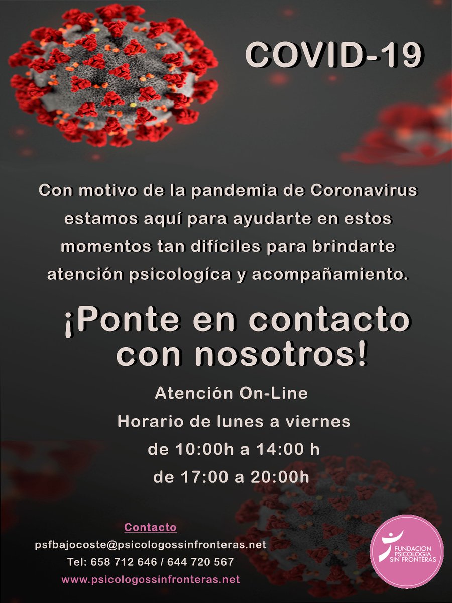 Psicología sin Fronteras quiere daros a conocer la ampliación de nuestro dispositivo de atención d necesidades psicológicas en este periodo d confinamiento por el COVID-19.A través de psfbajocoste@psicologossinfronteras.net o llamando a los teléfonos 658 712 646 / 644 720 567