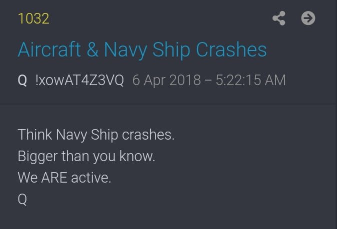 Take a look at the most recent photos taken on board the USNS Mercy. 👀 at the watch ⌚! Time = 10:32 Post 1032 Think Navy Ship crashes. Bigger than you know. We ARE active. Q