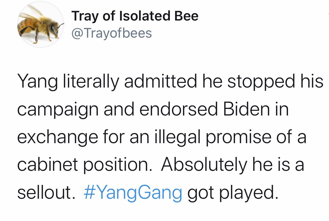 BlakeIFox's tweet photo. For months, Bernie supporters have flooded Andrew Yang’s mentions and accused him of being “a sellout” for endorsing Joe Biden.

Today, Bernie Sanders endorsed Joe Biden. Will they start accusing him of being a sellout? Probably not. 

#YangGang https://t.co/KWhWqjEi1b
