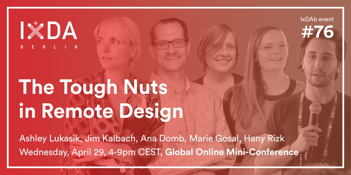 Join us for a global mini conference on April 29 4pm CEST, to find solutions for design tasks that feel close to impossible to conduct in a virtual work environment.

Feat <a href="/JimKalbach/">Jim Kalbach</a> <a href="/anadk/">Ana Domb Krauskopf</a> <a href="/mariegosal/">Marie Gosal (Hohner)</a> <a href="/hanyrizk_/">Hany</a> Ashley Lukasik …and YOU.

Register now 👉 IxDAberlin.de/?event=76#76