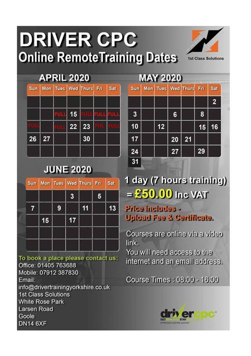 LGVCPCYorkshire's tweet image. ### ONLINE REMOTE DRIVER CPC TRAINING COURSES FOR 2020 VIA VIDEO LINK ###

As from the 31st March 2020 we have now been appoved to delivery driver cpc courses online 

The price has now been lowered to £50 per person / course 

#drivercpconline #cpctrainingonline #onlinecpccourse