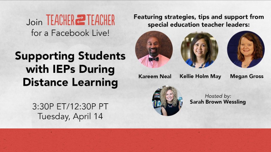 Head over to our Facebook page tomorrow for a LIVE conversation about supporting Ss with IEPs during these challenging times – featuring tips and advice from fellow Ts:  https://www.facebook.com/events/254189059044468/  #TeacherTwitter  #SPEDchat