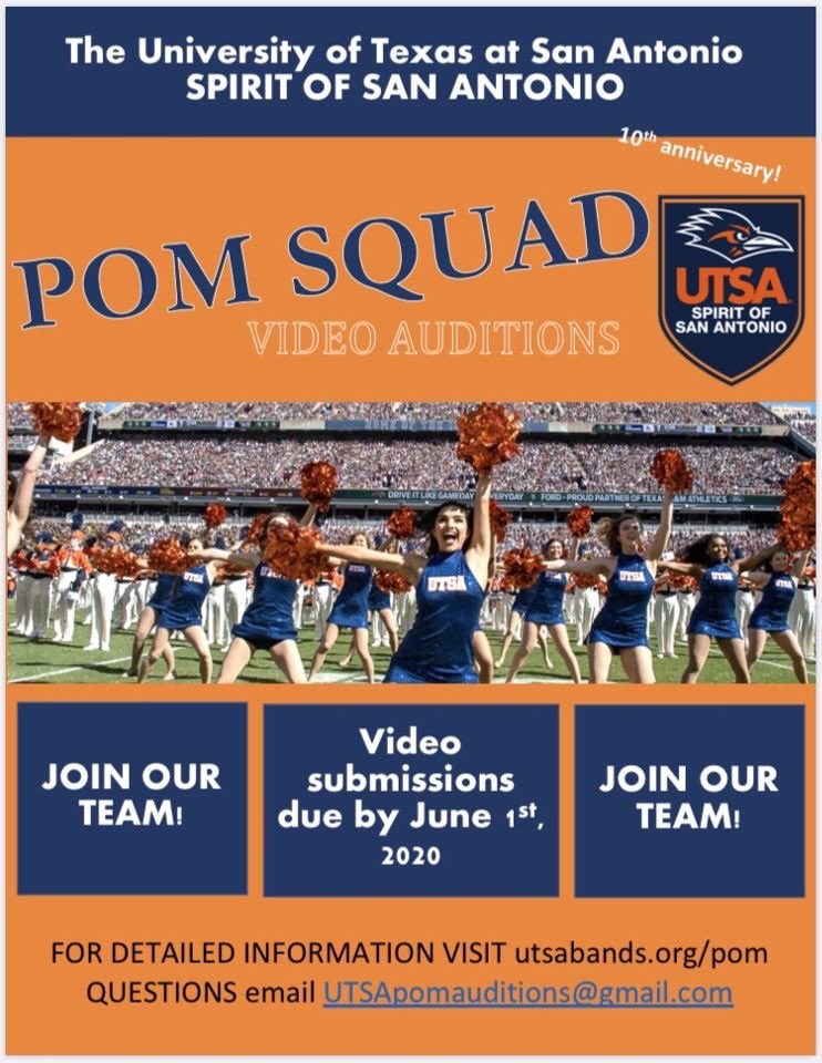 We are conducting our auditions via video for this coming year! 

Visit utsabands.org/pom for information.

JOIN OUR TEAM!!

Video submissions due June 1st 🤙🤙

#utsa #utsapomsquad #universitydance #danceteam #sosa #sosamarchingband #tenthanniversary