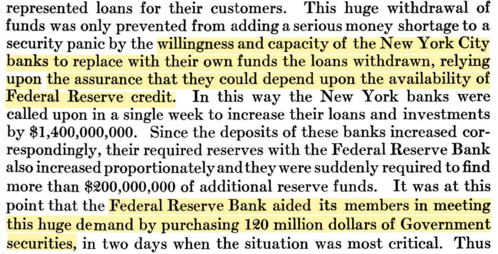 13/The New York Federal Reserve sprang into action. It purchased government securities on the open market, expedited lending through its discount window, and lowered the discount rate. It assured commercial banks that it would supply the reserves they needed.
