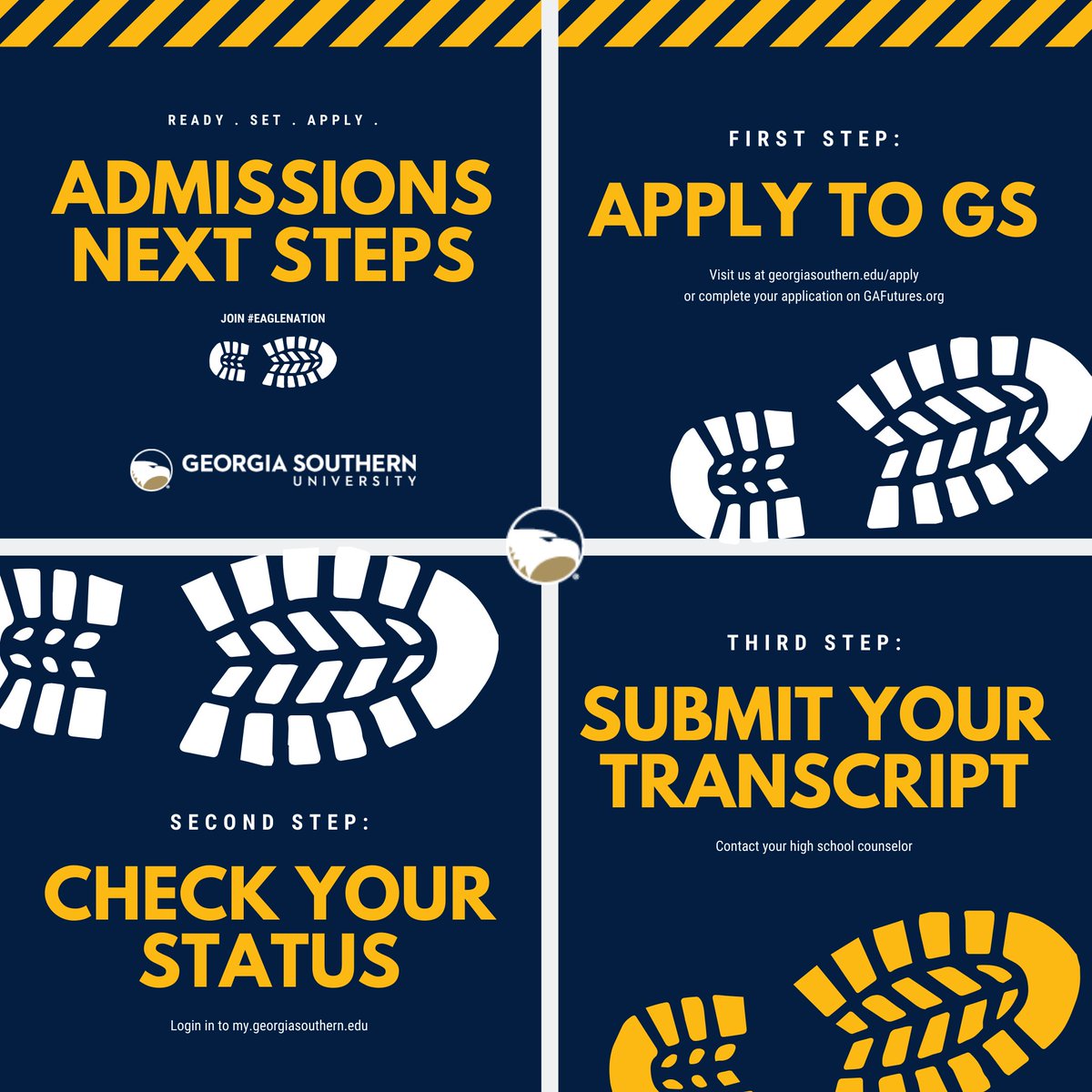 GS_Admissions's tweet photo. Hey Future Eagles! 🦅 Are you looking for your Next Steps? Check out this handy checklist we made just for you. Keep in mind that ACT and SAT scores are waived for Summer and Fall 2020. PLUS … application fees are waived until April 30th too! #GeorgiaSouthern https://t.co/UeQvQ0kAGN
