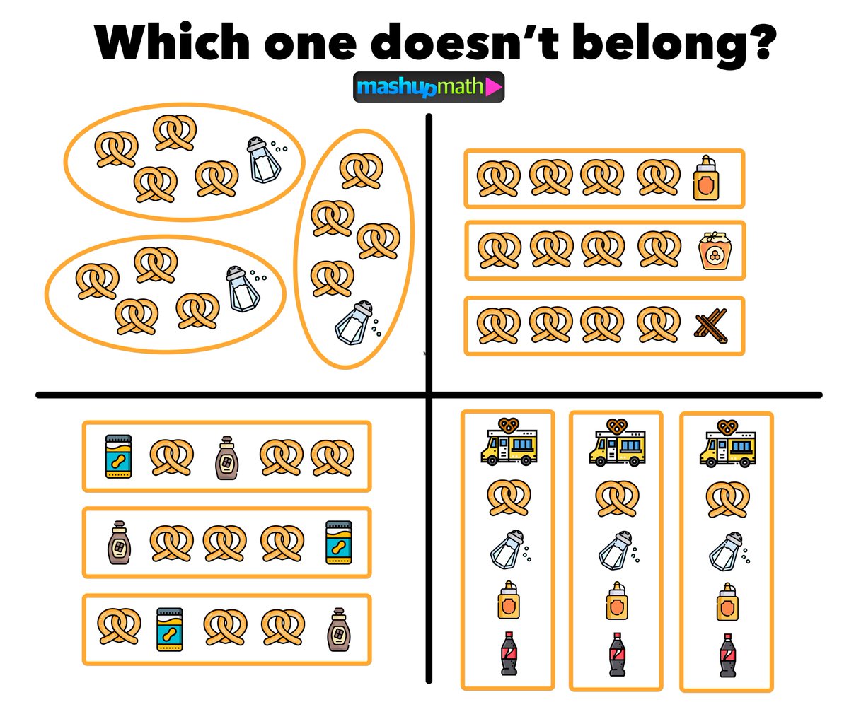 April is National Soft Pretzel Month! 🥨🥨🥨
Try this Which One Doesn't Belong? Remember to justify your thinking! Each one has an answer. :) 
<a href="/SycamoreCreekES/">Sycamore Creek ES</a> <a href="/mashupmath/">Mashup Math</a>