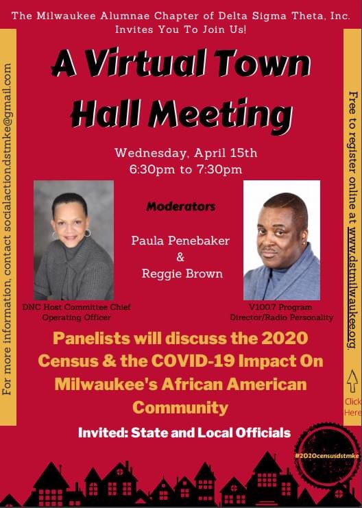 MKEhealth's tweet photo. You're invited to a Virtual Town Hall Meeting on Wed, April 15, 6:30-7:30 pm. Panelists will discuss the 2020 Census &amp; the COVID-19 impact on Milwaukee's African American community. Free to register online at https://t.co/BXanMP5y4B. #covid19 #StopCVMKE https://t.co/bVjZlBAayo