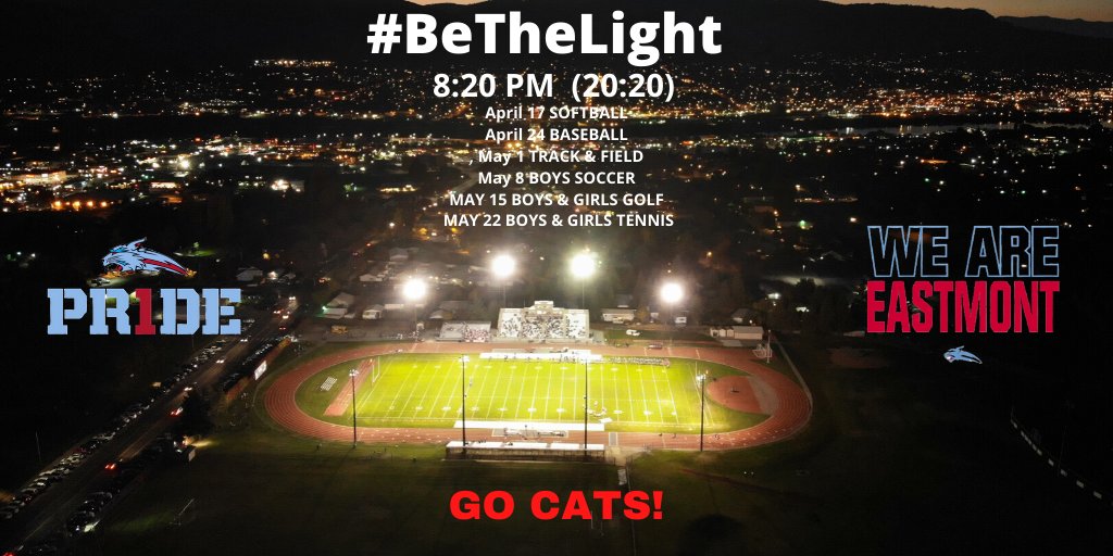 Eastmont had 75 Senior athletes participating in Spring Sports.  These student-athletes will not be able to compete nor have a “Senior Night”. We will light the stadium @ 8:20 for 20 min to honor them &amp; those on the front lines protecting us from COVID-19. GO CATS! #CultureWins