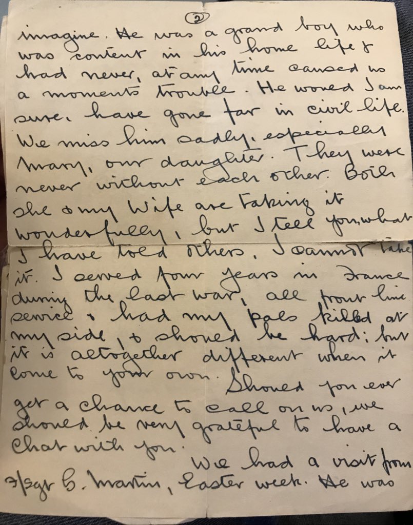 It is one of the most important and moving wartime letters I had ever read. He remembers the "pals killed at my side," in the First World War. "But it is altogether different when it come to your own."