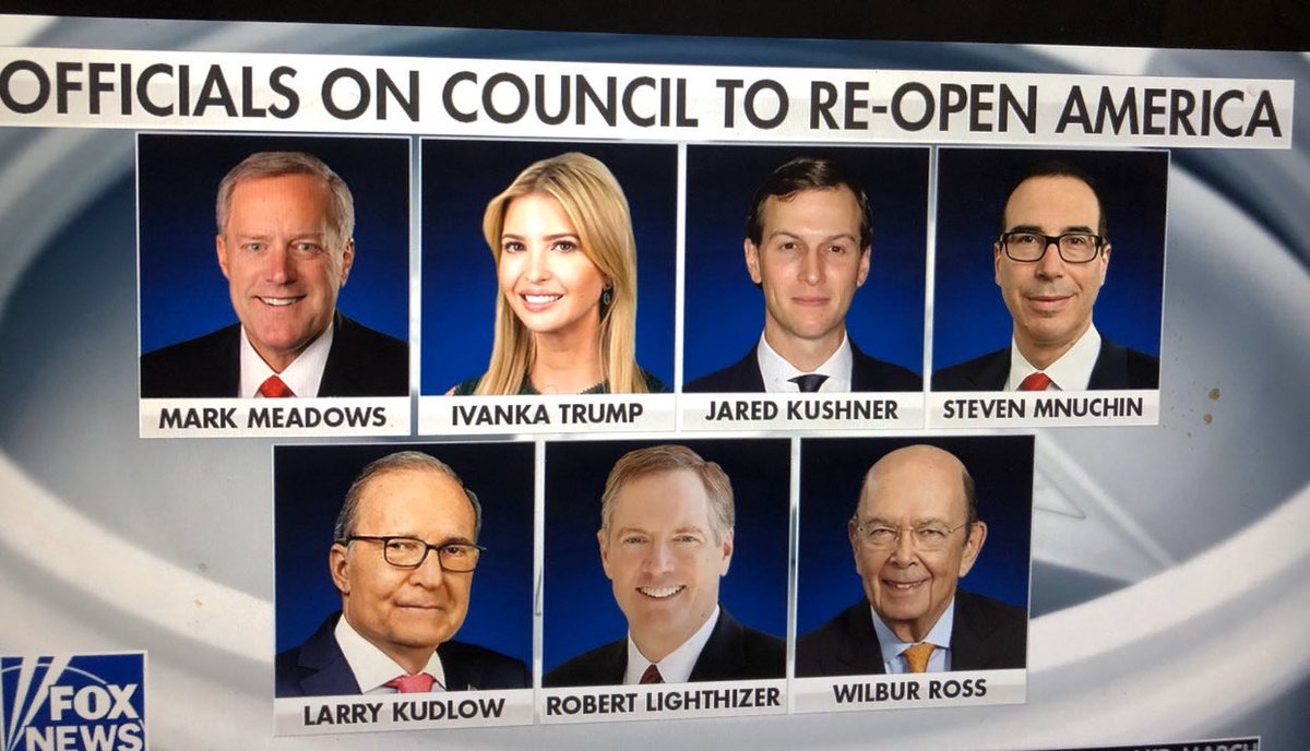 Ugh. No public health officials of course. This “council” need to be stopped as much as possible from doing real harm. Congressional hearings, FOIA requests, conflicts of interest inquiries, etc. Perhaps Pelosi should insist on transparency and oversight in the next bailout bill.