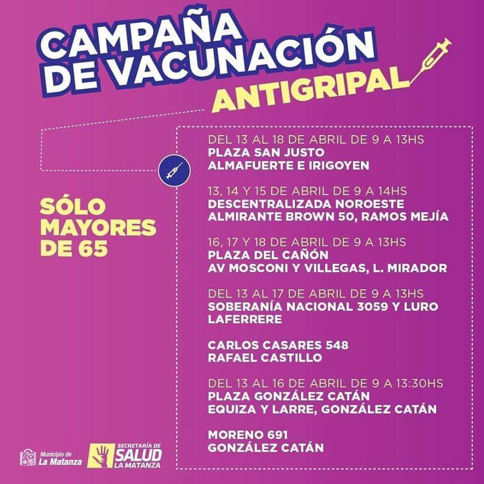 InventaoErra's tweet photo. A partir del lunes 13/04 Campaña de Vacunación Antigripal para mayores de 65 años toda la semana @LaMatanzaMunic y @saludpublicaok

#LaMatanza 
#GraciasProfeAlberto
#CuidarteEsCuidarnos 
#QuedateEnCasa https://t.co/V922AuemVX