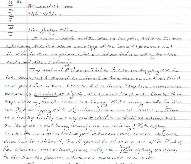 JimmyJenkins's tweet photo. An incarcerated person living at the Lewis state prison has written to U.S. District Court Judge Roslyn Silver asking for help dealing with the spread of COVID-19 inside Arizona prisons. He alleges the COs "on numerous occasions coughed, as a 'joke,' at us, on our trays, etc.'" https://t.co/qofkghlKXE