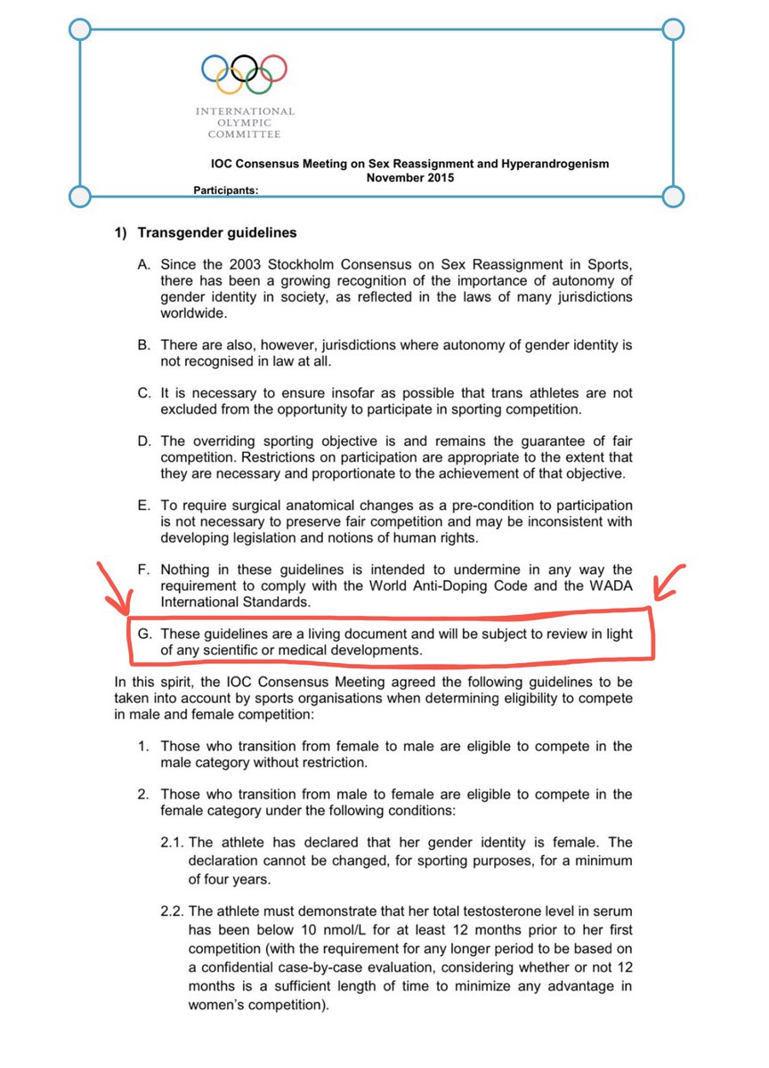 The International  #Olympic Committee unwisely enacted a policy in 2015 INVITING  #males who “identify” as “women” to compete in the  #female  #athlete category.By their own words the  #IOC made a commitment to REVIEW this policy should mitigating factors arise.THE TIME HAS COME 