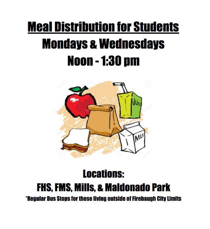 millsinter's tweet photo. Meal Distribution every Monday and Wednesday from noon to 1:30 pm. Please be safe and follow social distancing while picking up meals. #firebaughstrong #supfreitas #millsimter #MillsHawks https://t.co/YjiR5epmys