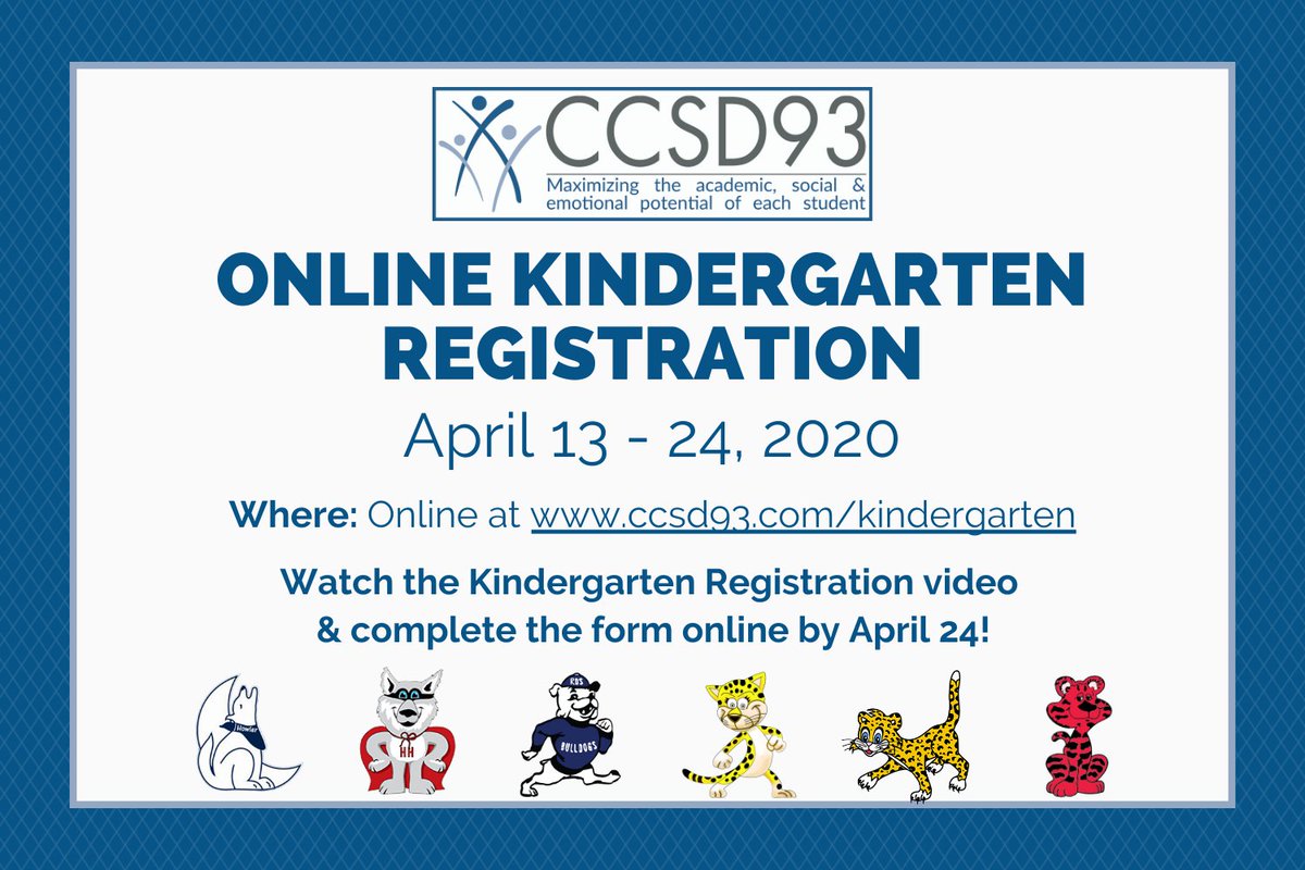 CCSD93’s Kindergarten Registration is open! If your child will be 5 years old by 9/1/20, visit ccsd93.com/kindergarten by 4/24 to register!