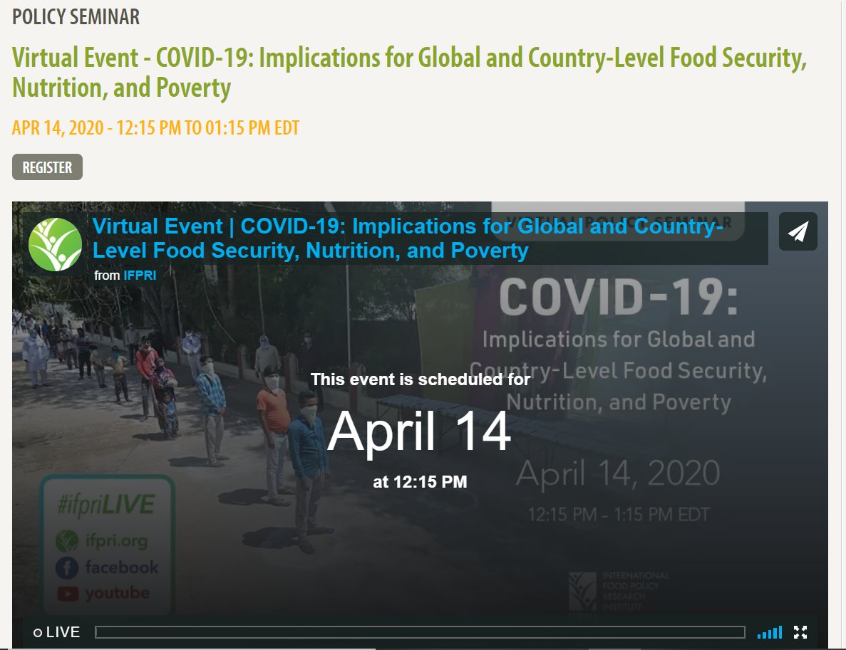 Join <a href="/IFPRI/">IFPRI</a> researchers tomorrow at 12:15 PM EDT as they discuss the #COVID19 pandemic’s global and country-level implications for #foodsecurity, #poverty and #nutrition. Livestream link here ➡️ ow.ly/blKU50zcW7J