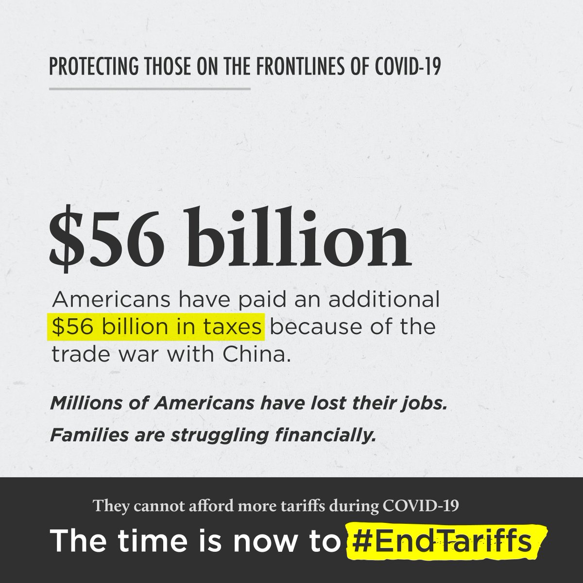 Americans4Trade's tweet image. American businesses and workers have already paid $56 billion -- they simply cannot afford more tariffs during the #COVID19 crisis. The time is now to #EndTariffs.