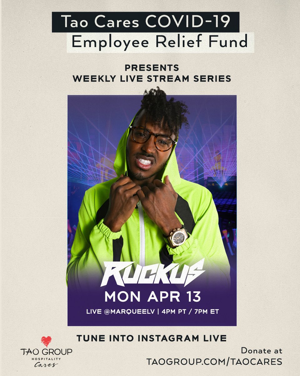 Come #disDance TONIGHT with DJ Ruckus @MarqueeLV benefitting @taocares #COVID19 Employee #ReliefFund! Donate at taogroup.com/taocares. #taocares