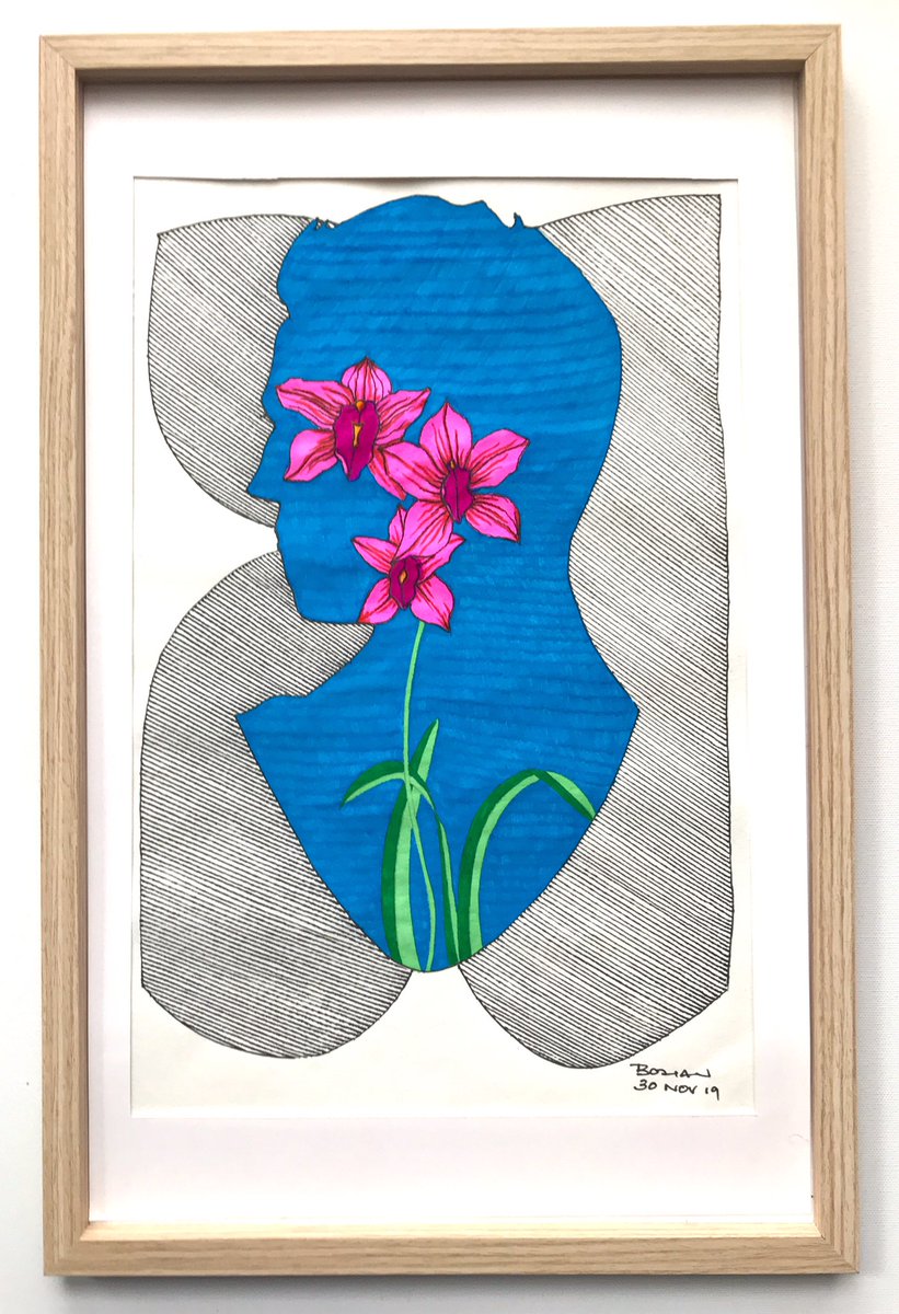 Each work is in ink on paper & is A3 sized (11.7 x 16.4 inches; 29.7 x 42cm)In the Woods (2019) & Man with Orchids (2019)