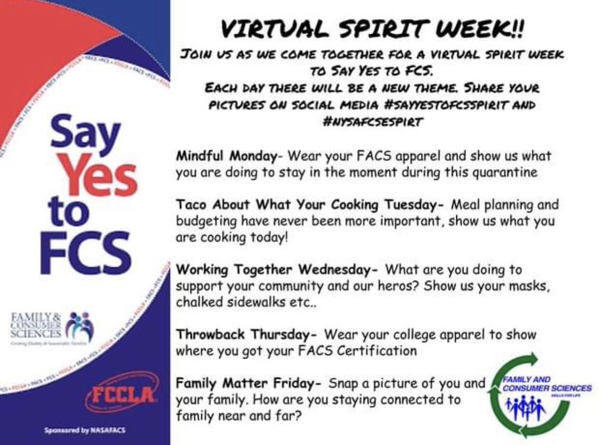 Join in on our virtual spirit week! Starting April 13 #NYSAFCSESPIRIT #SayYesToFCSSpirit