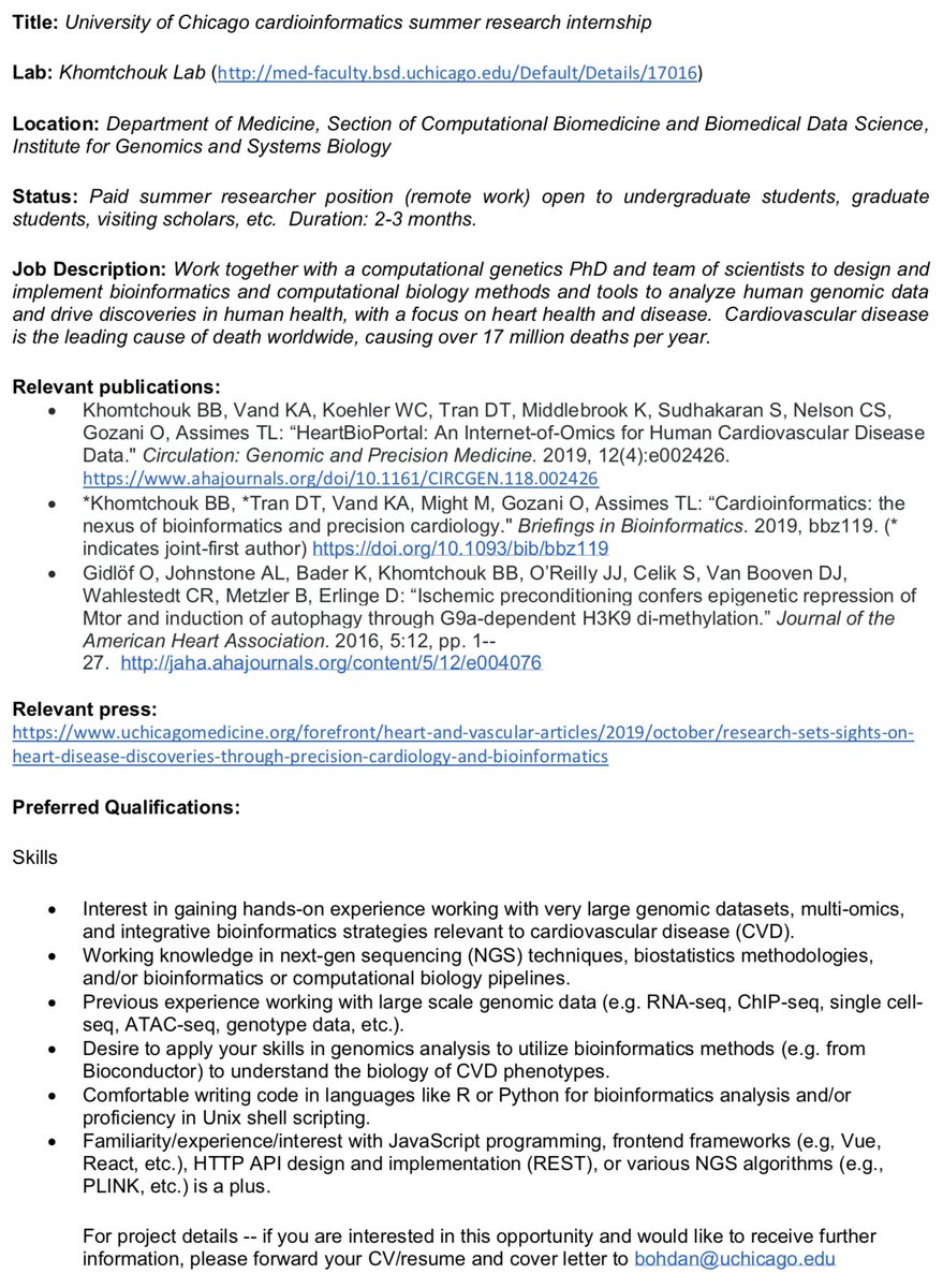 bohdanome's tweet photo. My lab is recruiting for a PAID remote summer research internship position to work on @heartbioportal. If you're interested in using your bioinformatics and computational biology skills to fight heart disease with computation, please RT! #cardioinformatics https://t.co/vdSw2T7yig