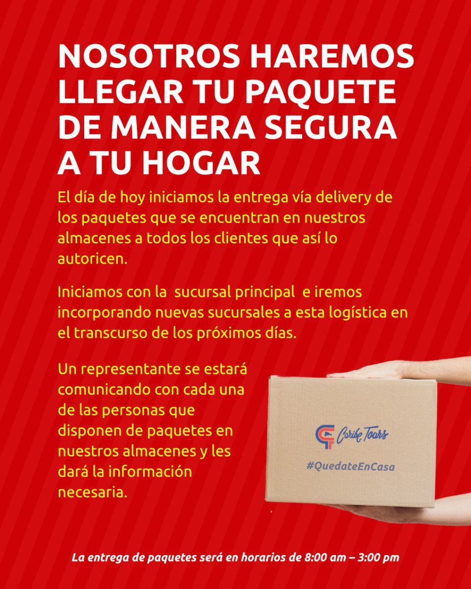 Nosotros haremos llegar tu paquete de manera segura a tu hogar. 📦 🚚
.
.
.
#caribetoursdr
#caribetours
#turismo
#itinerario
#Republicadominicana
#autobuses
#cuarentena
