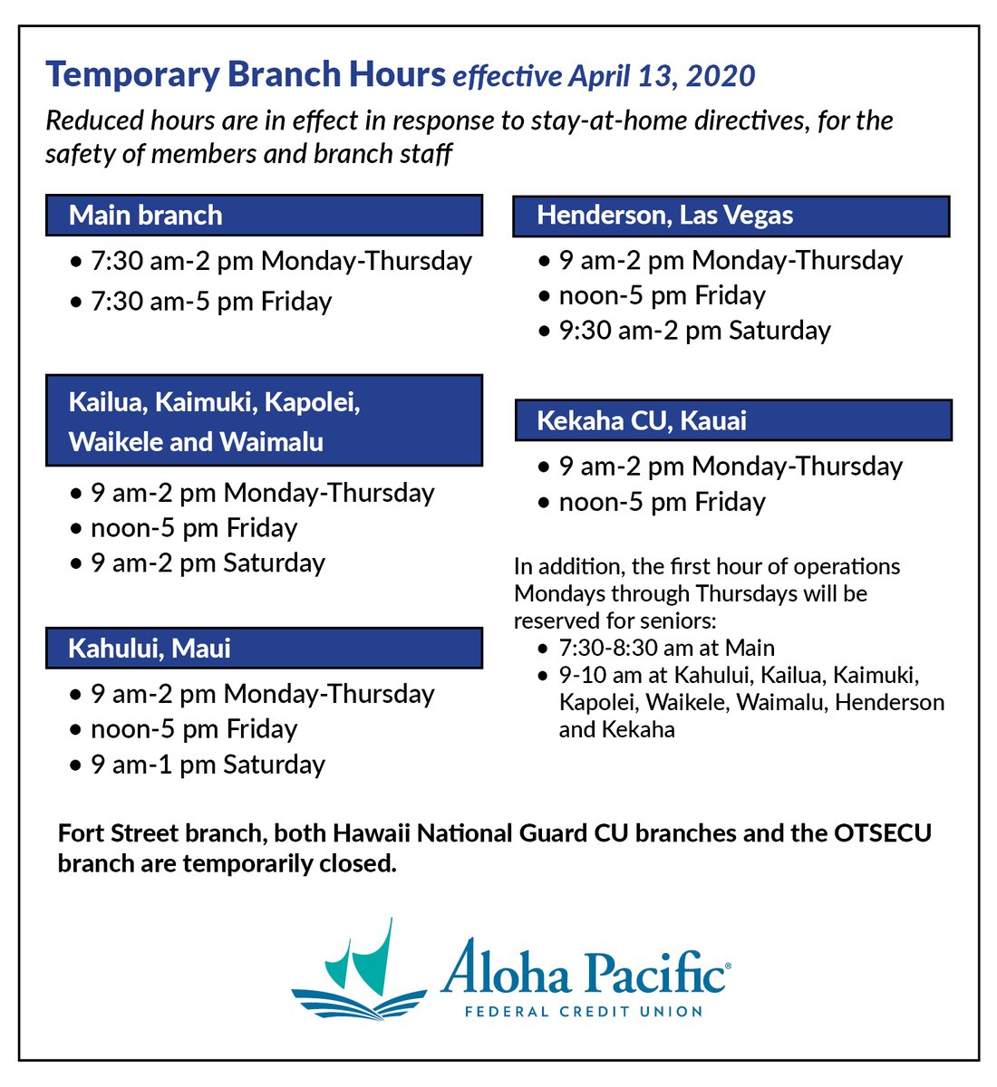 APFCU's tweet image. Branch Hours Update:

Beginning this week, Main branch’s Friday hours will be extended to 5 p.m.

As always, we encourage members to use online banking (bit.ly/2RmOzUq) and the free APFCU mobile app (bit.ly/2wonF7t) during this stay-at-home mandate.