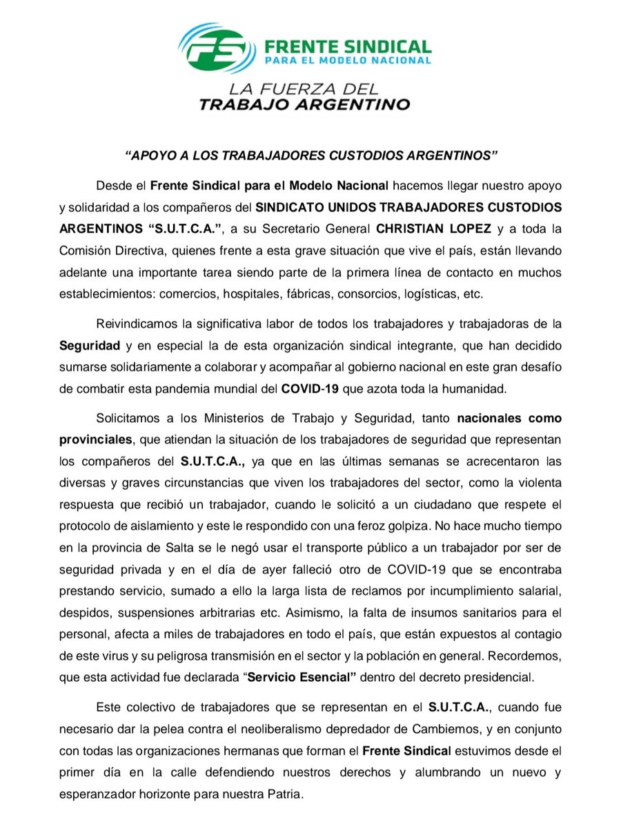 6Ituzaingo's tweet image. 📌#FrenteSindical #ComunicadoOficial en Apoyo a @LosCustodios #SUTCA desde nuestra organización #agradecemos el #Apoyo y #Solidaridad d todas las organizaciones y miembros que integran el #FreSiMoNa
@alferdez,@cgt_camioneros
@pablomoyano_ok,@MinSeg @SeguridadProv,@caesbainfo @C5N